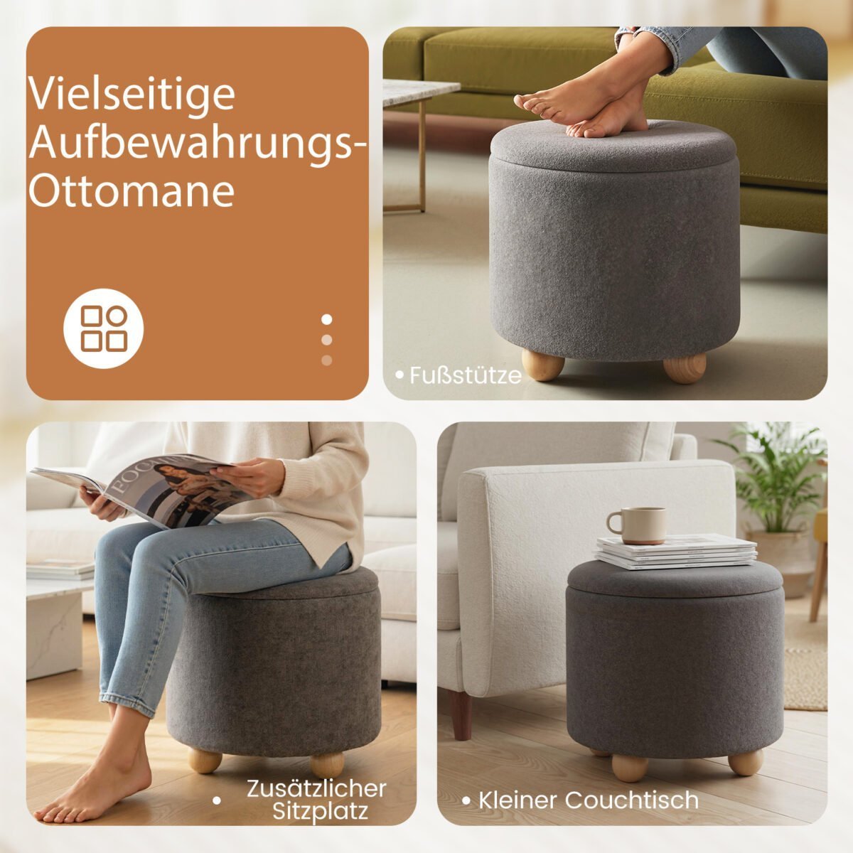 Apvalus pufas su daiktadėže ir medinėmis kojelėmis (Pilka) – Paveikslėlis 3