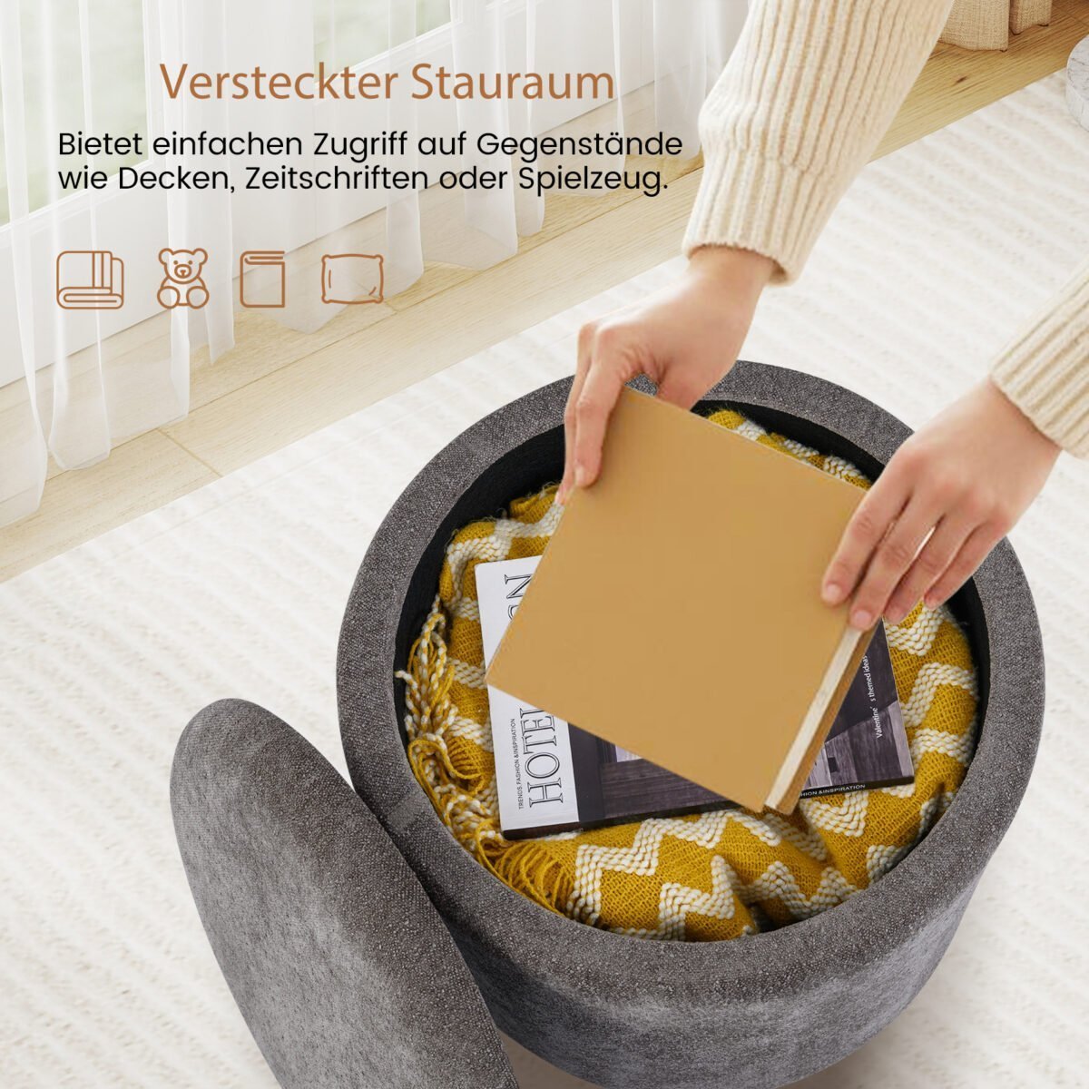 Apvalus pufas su daiktadėže ir medinėmis kojelėmis (Pilka) – Paveikslėlis 5