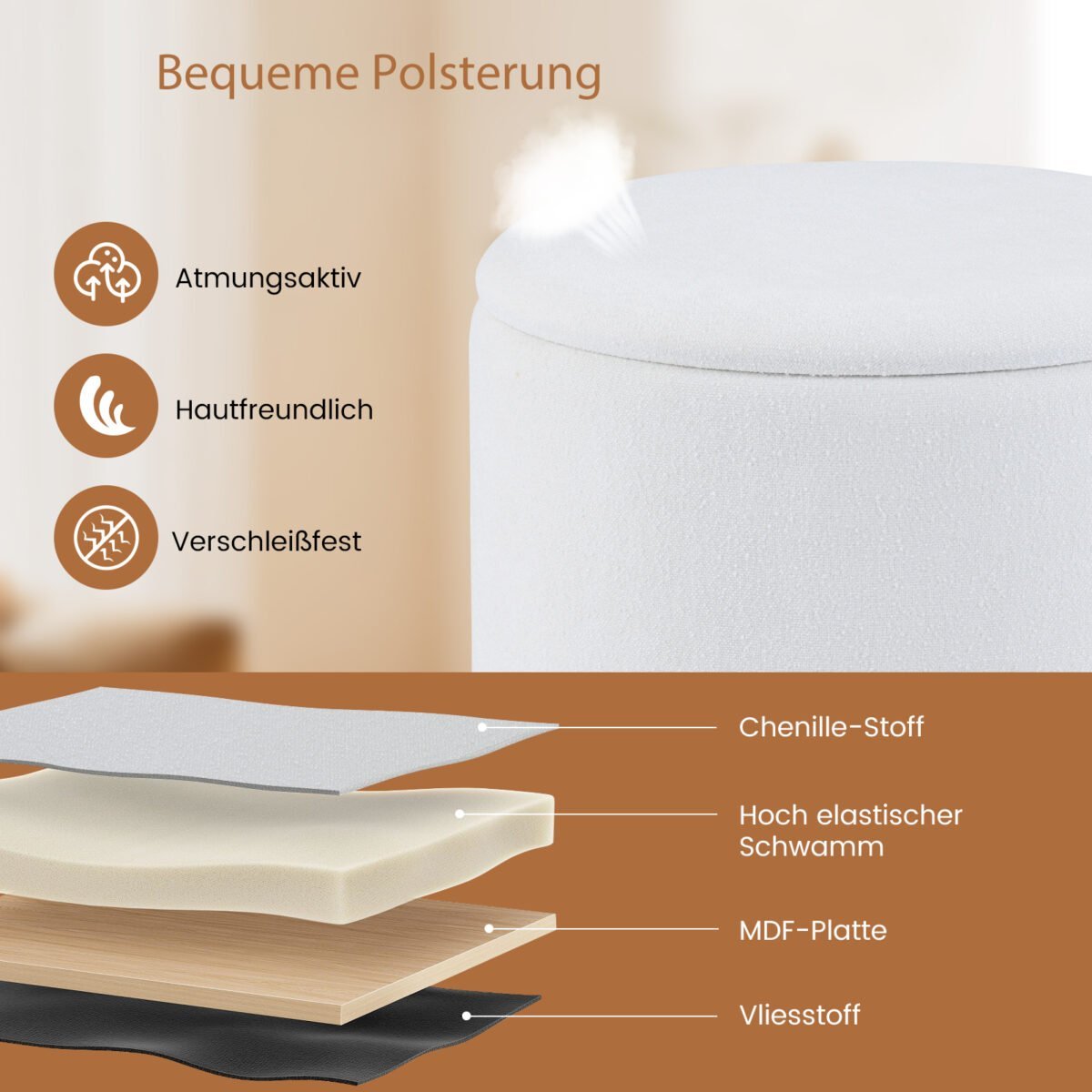 Apvalus pufas su daiktadėže ir medinėmis kojomis (Balta) – Paveikslėlis 4