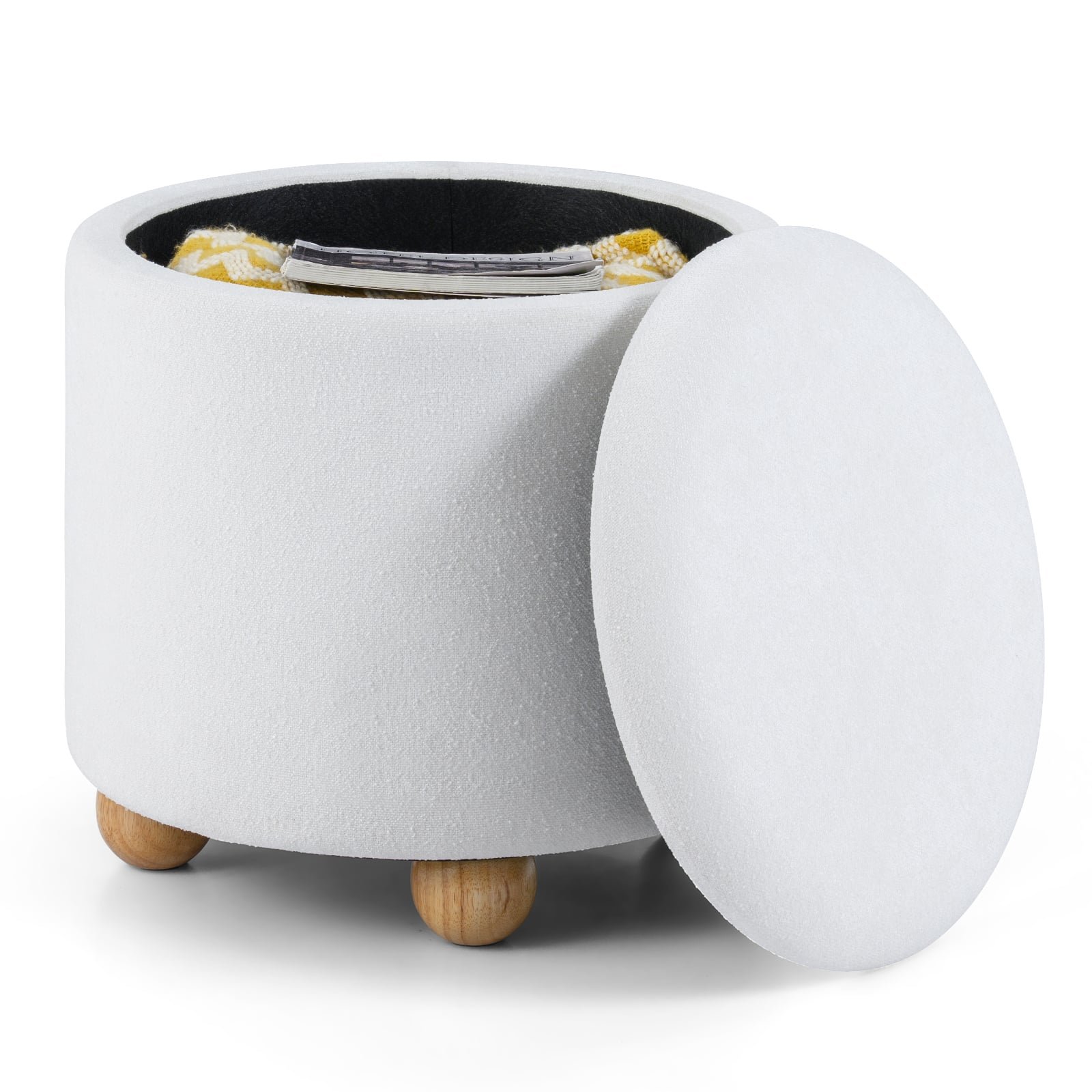 Apvalus pufas su daiktadėže ir medinėmis kojomis (Balta) Apvalus pufas su daiktadėže ir medinėmis kojomis (Balta)