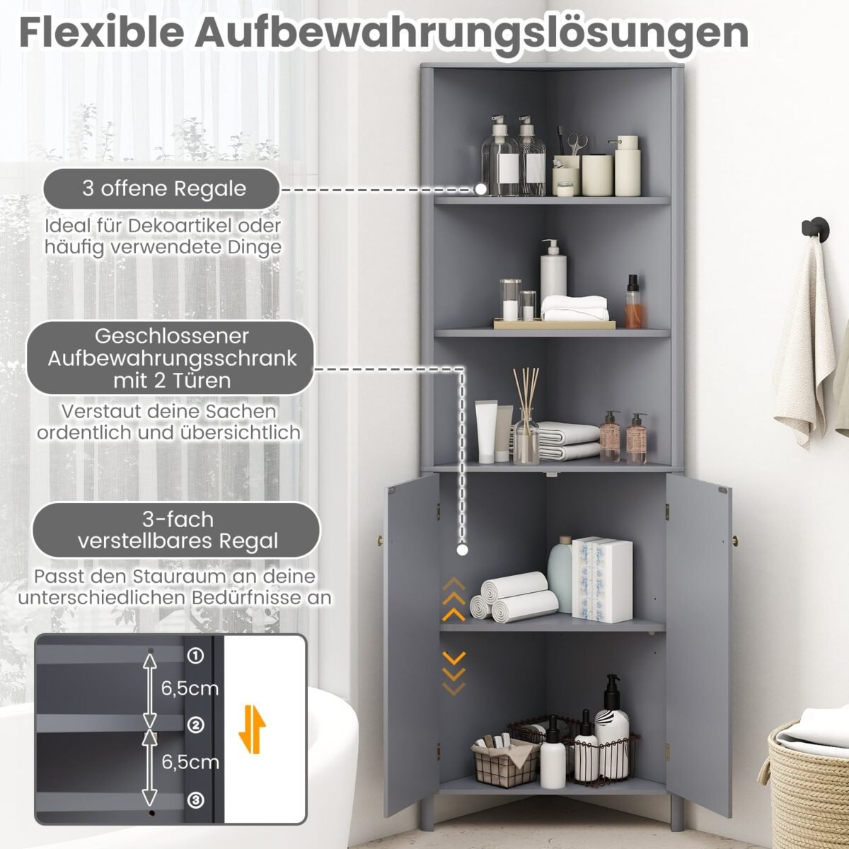 Aukšta kampinė spintelė su 2 durelėmis ir 5 lentynomis (Pilka) – Paveikslėlis 3