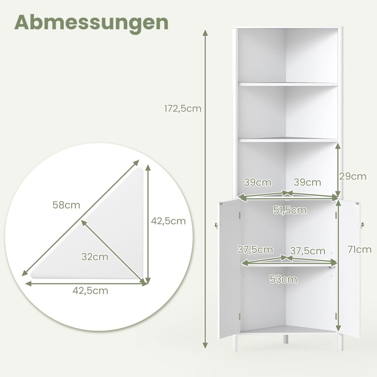 Aukšta kampinė spintelė su lentynomis ir durelėmis (Balta) – Paveikslėlis 2