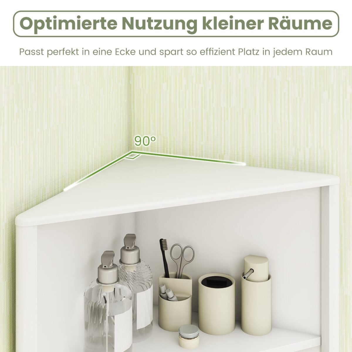 Aukšta kampinė spintelė su lentynomis ir durelėmis (Balta) – Paveikslėlis 4