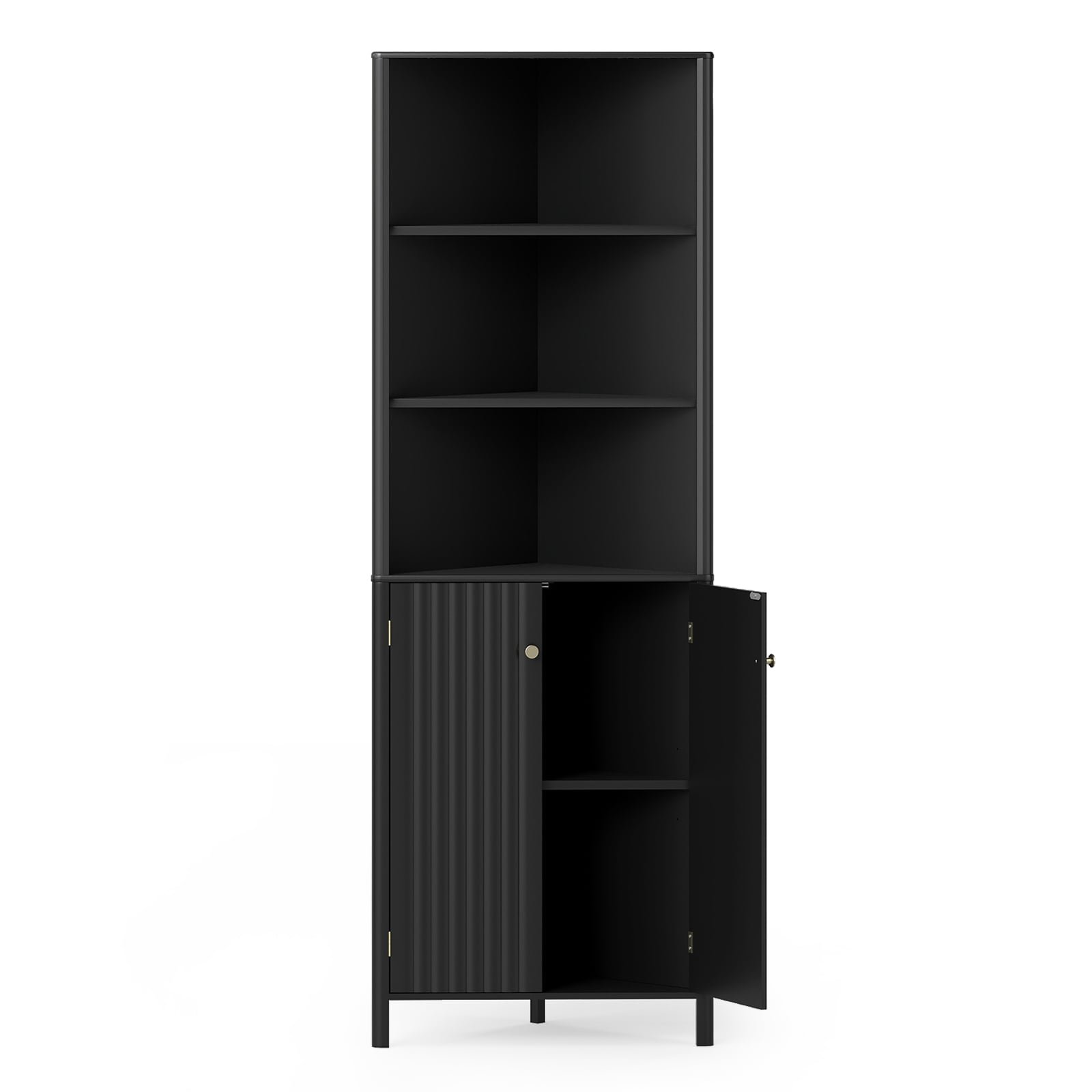 Aukšta trikampė kampinė spintelė su 2 durelėmis ir 5 lentynomis (Juoda)