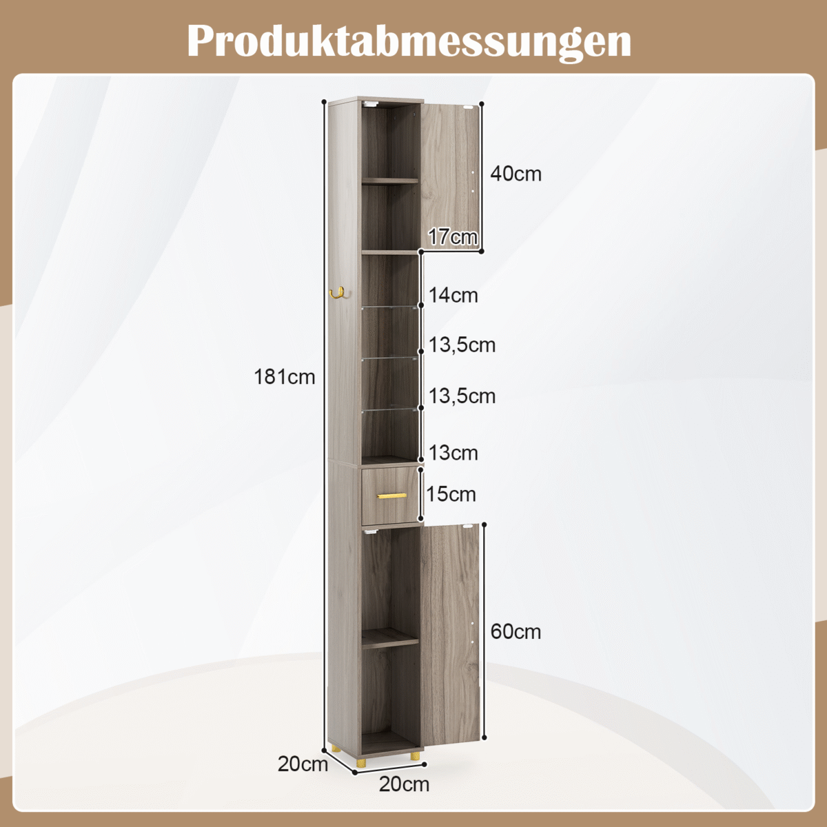 Aukšta vonios spintelė su apšvietimu ir stalčiumi (Pilka) – Paveikslėlis 2