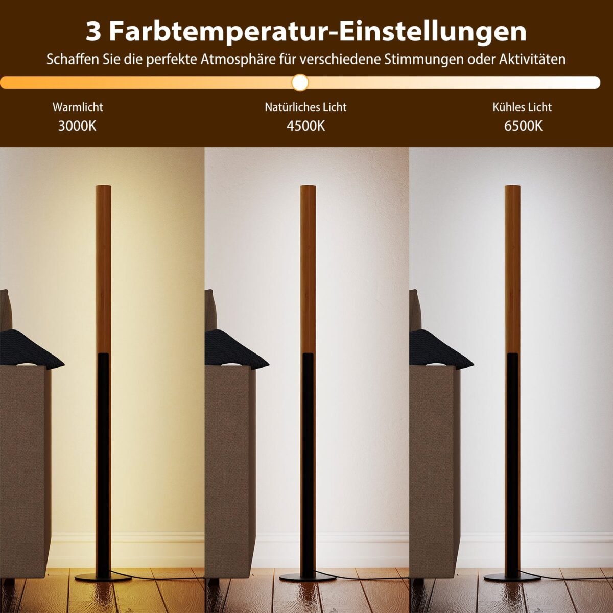 Bambukinė LED pastatoma lempa su reguliuojama spalvos temperatūra ir kojiniu jungikliu (Natūrali)