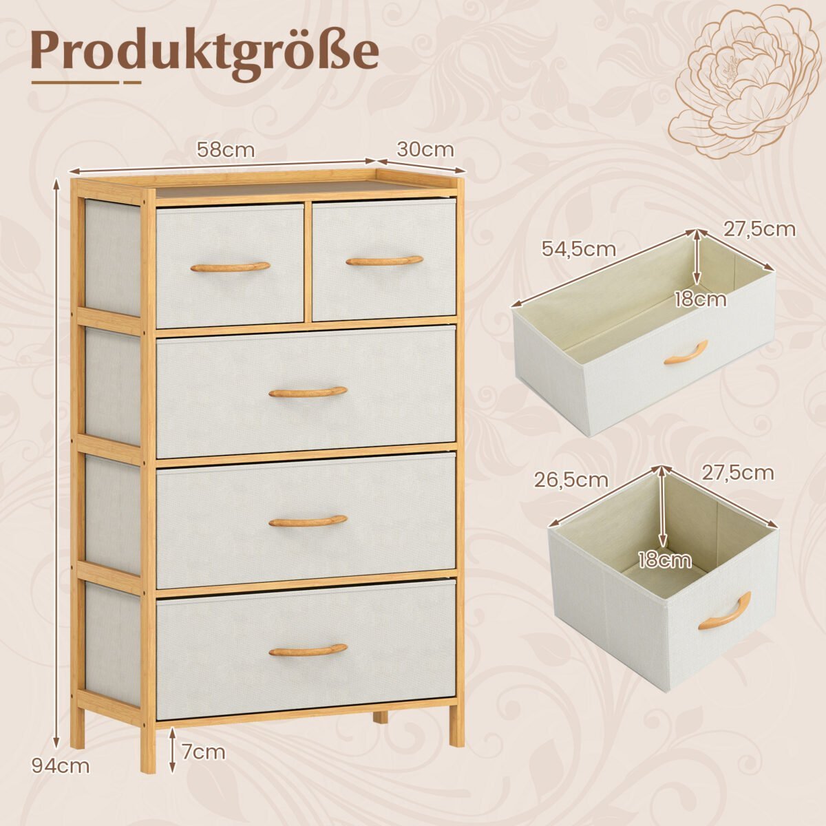 Bambukinė komoda su 5 medžiaginiais stalčiais ir viršutine lentyna (Natūrali) – Paveikslėlis 2