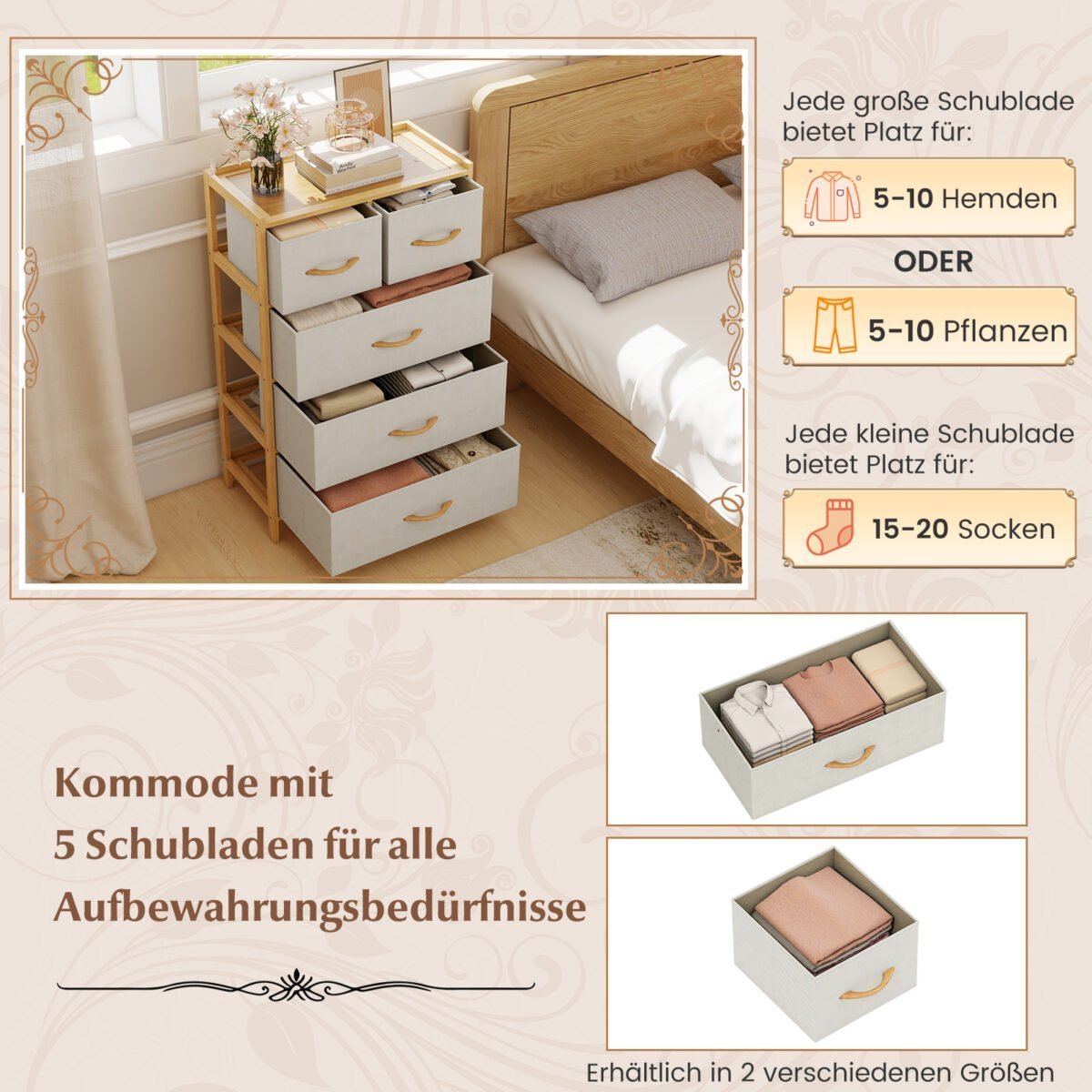 Bambukinė komoda su 5 medžiaginiais stalčiais ir viršutine lentyna (Natūrali) – Paveikslėlis 3