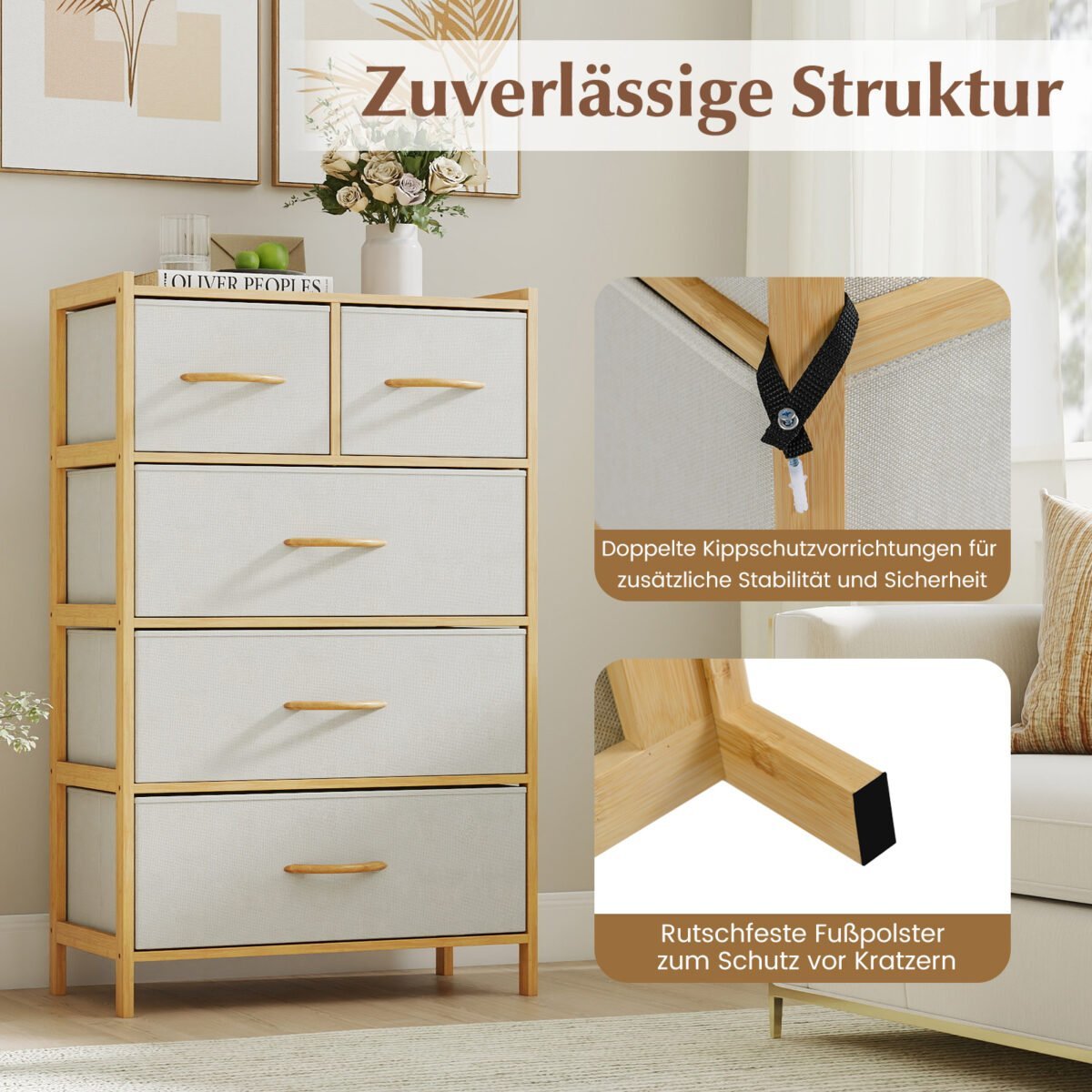 Bambukinė komoda su 5 medžiaginiais stalčiais ir viršutine lentyna (Natūrali) – Paveikslėlis 5