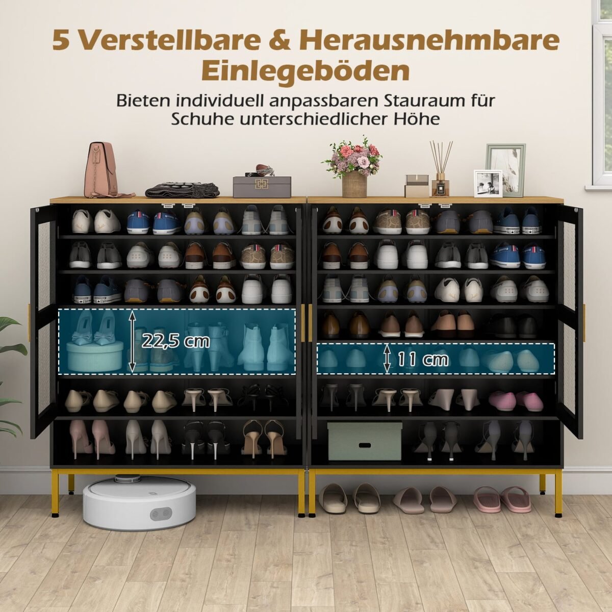 Batų spintelė su reguliuojamomis lentynomis ir tinklinėmis durelėmis (Juoda) – Paveikslėlis 5