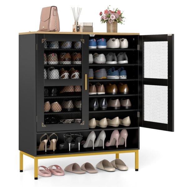 Batų spintelė su reguliuojamomis lentynomis ir tinklinėmis durelėmis (Juoda)