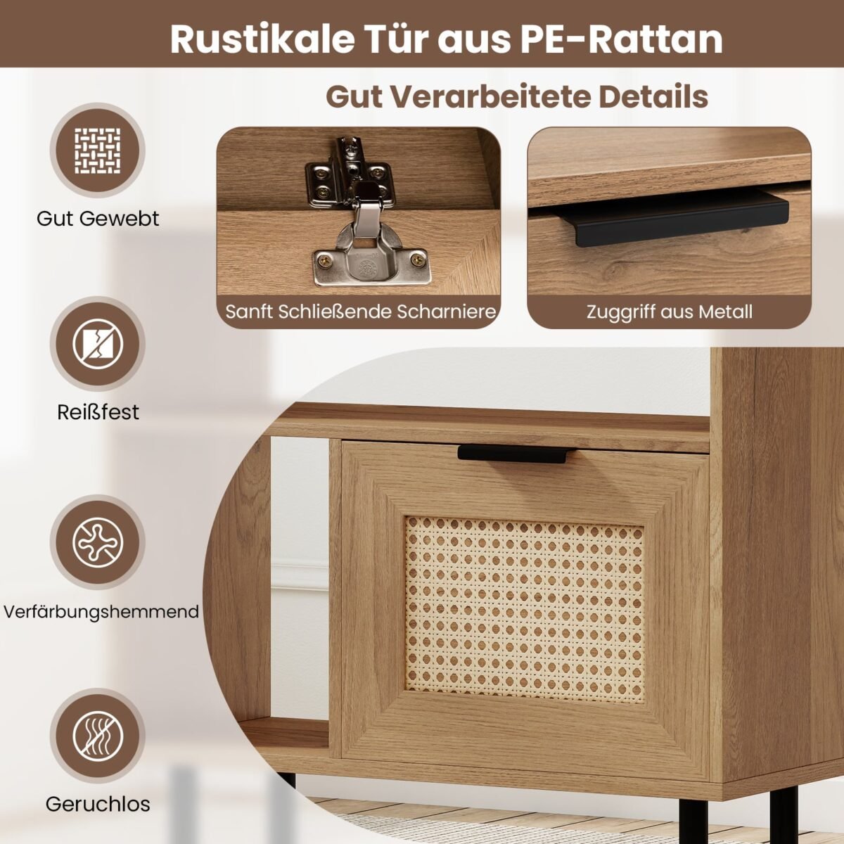 Boho stiliaus šoninis staliukas su PE rotango durimis ir daiktadėže (Natūrali) – Paveikslėlis 4