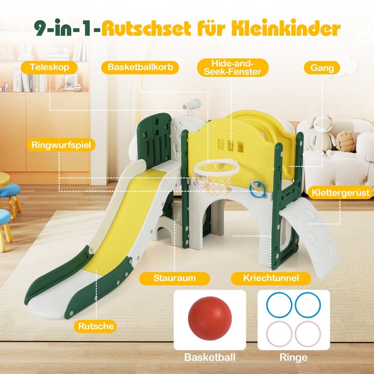 Daugiafunkcinė vaikiška čiuožykla-žaidimų aikštelė su laipiojimo konstrukcija (Geltona) – Paveikslėlis 3