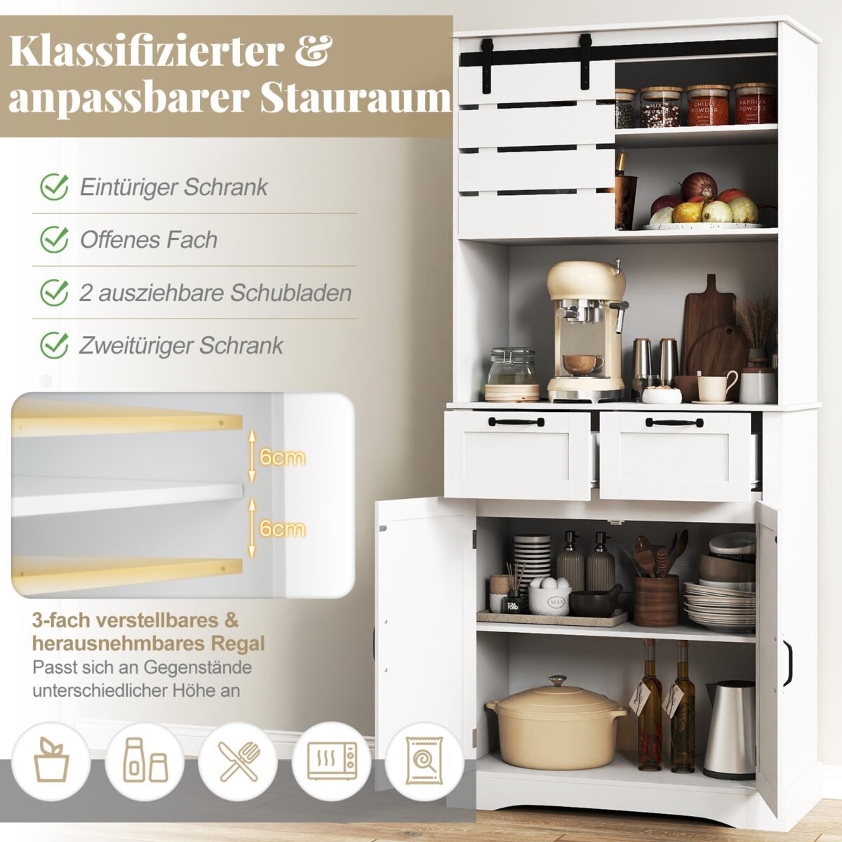 Daugiafunkcinė virtuvinė spintelė su įkrovimo stotele ir reguliuojama lentyna (Balta) – Paveikslėlis 4