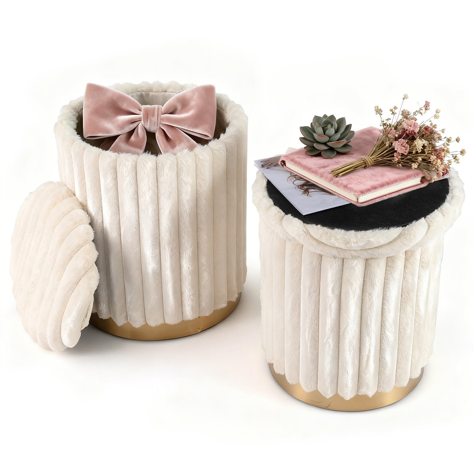 Daugiafunkcinis apvalus 2 dalių otomanų rinkinys su daiktadėžėmis (Smėlio)