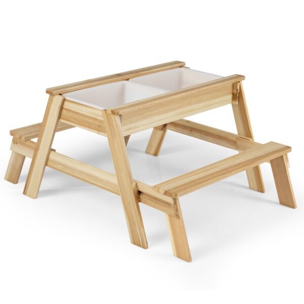 Daugiafunkcis medinis vaikų žaidimų stalas 4-in-1 su suoliukais (Natūrali)