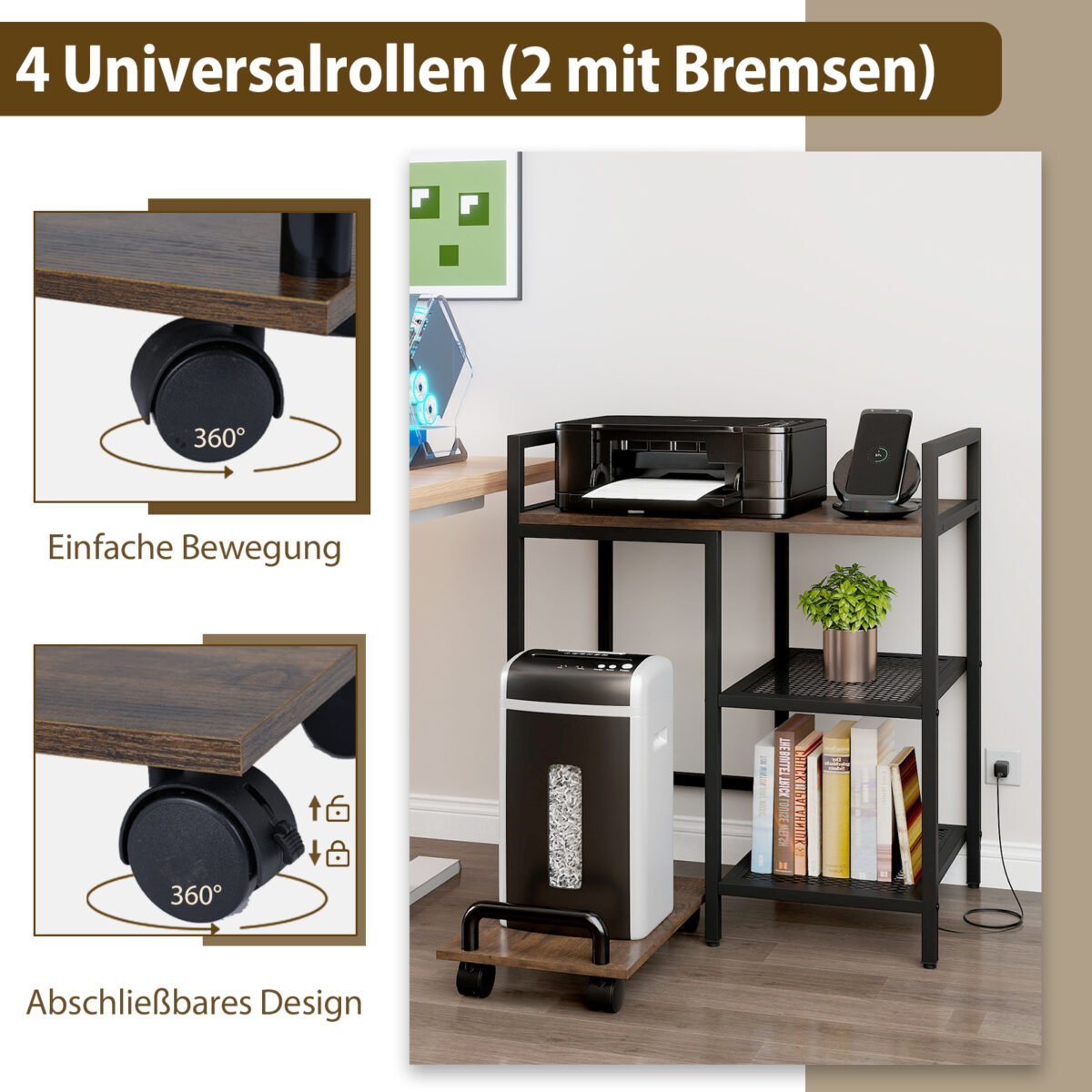 Daugiafunkcis spausdintuvo staliukas su įkrovimo stotele ir talpiomis lentynomis (Rustikinė ruda) – Paveikslėlis 4