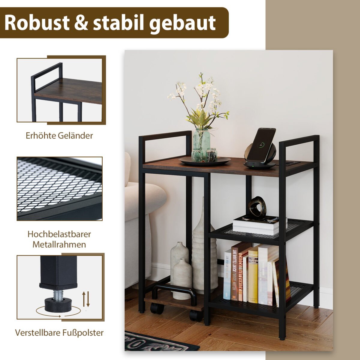 Daugiafunkcis spausdintuvo staliukas su įkrovimo stotele ir talpiomis lentynomis (Rustikinė ruda) – Paveikslėlis 5