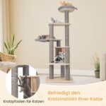 Daugiapakopis kačių bokštas-draskyklė su nameliu ir minkštu viršutiniu gultu (197 cm) (Pilka)