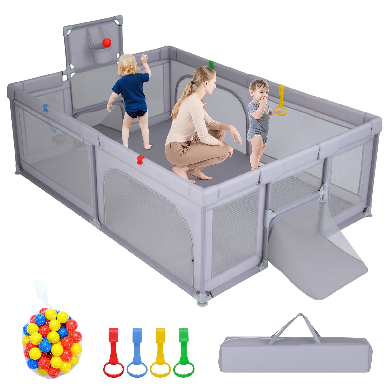 Didelė kūdikių žaidimų aikštelė su krepšinio lanku ir futbolo vartais (Šviesiai pilka)