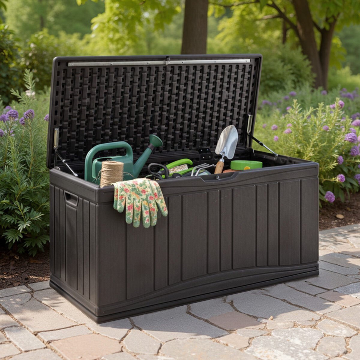 Didelė sodo daiktadėžė su dujiniais amortizatoriais ir rakinamu dangčiu 300 L (Ruda) – Paveikslėlis 3