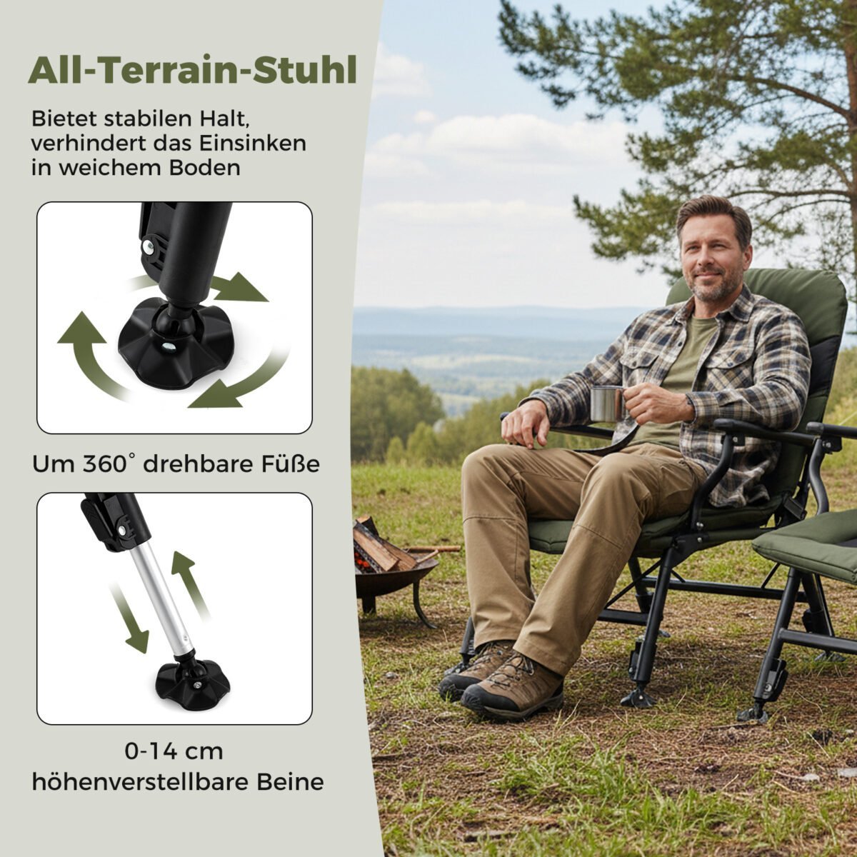 Didelės apkrovos sulankstomas kempingo krėslas su reguliuojamomis kojomis (Žalia) – Paveikslėlis 4