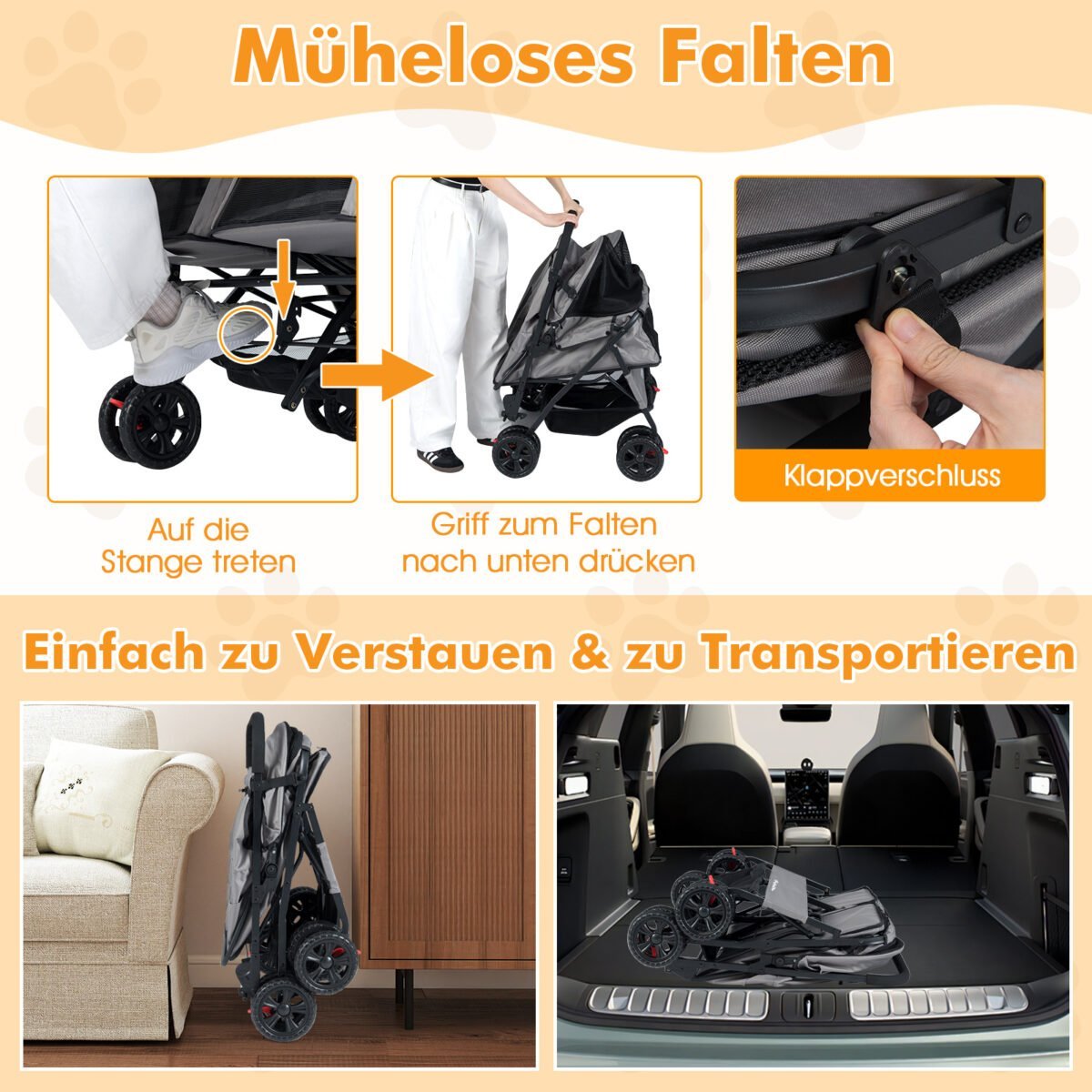 Dvigubas vežimėlis gyvūnams su dviejomis sėdimosiomis vietomis ir reguliuojamu stogeliu (Pilka) – Paveikslėlis 3