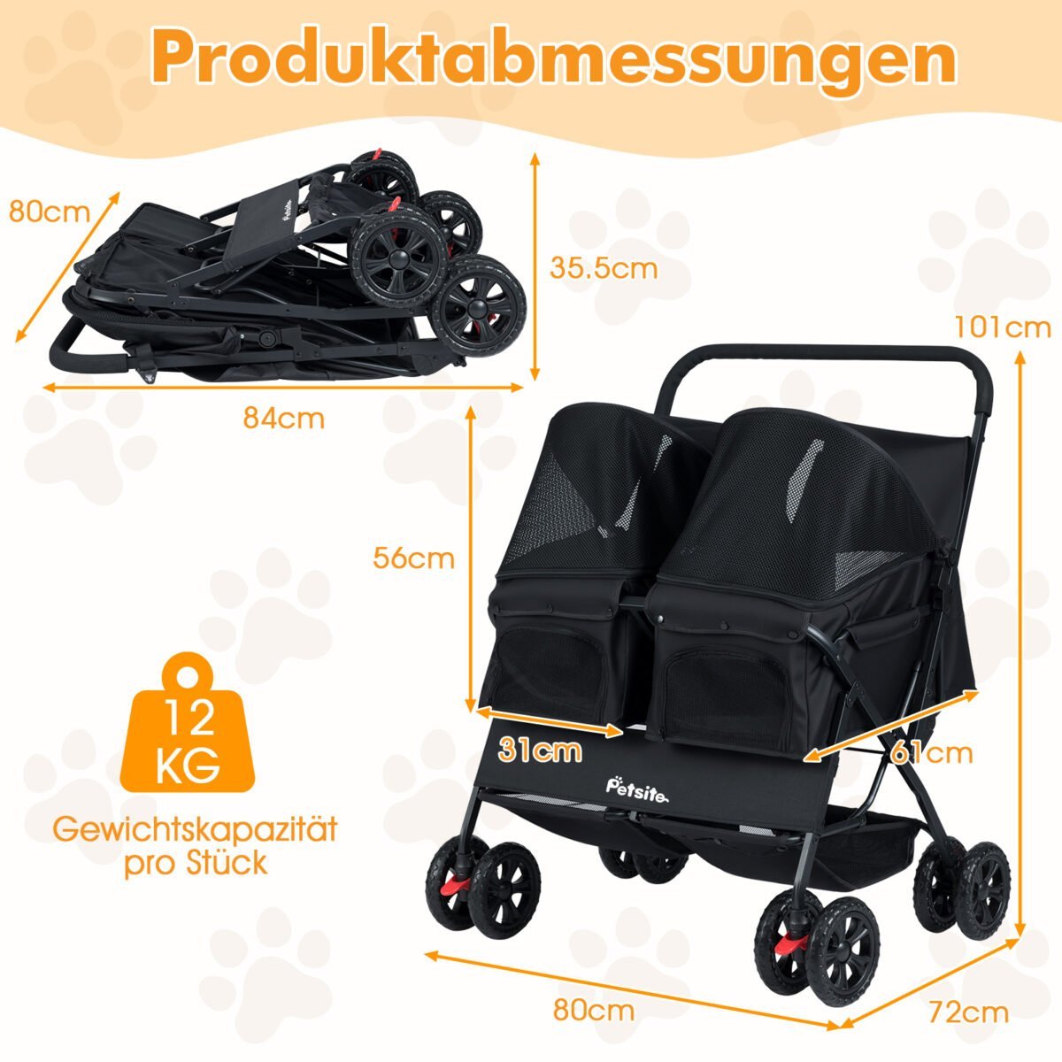 Dvigubas vežimėlis gyvūnams su reguliuojamu stogeliu ir sulankstomu dizainu (Juoda) – Paveikslėlis 2