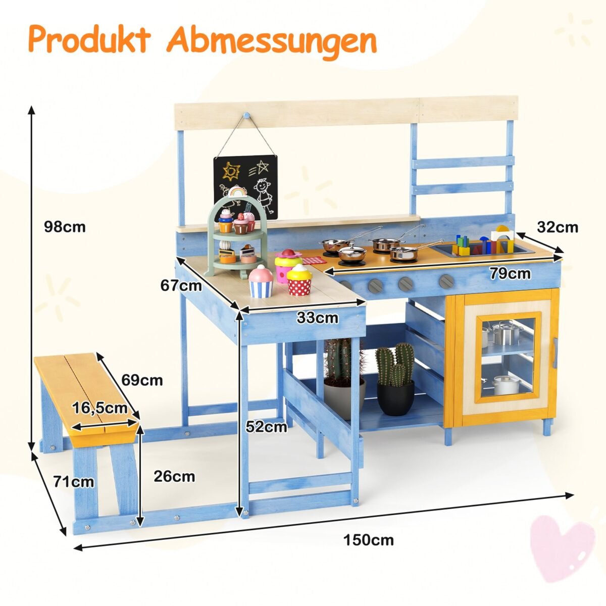 Eglės medienos lauko virtuvėlė su pikniko stalu ir suoliuku vaikams (Mėlyna) – Paveikslėlis 2