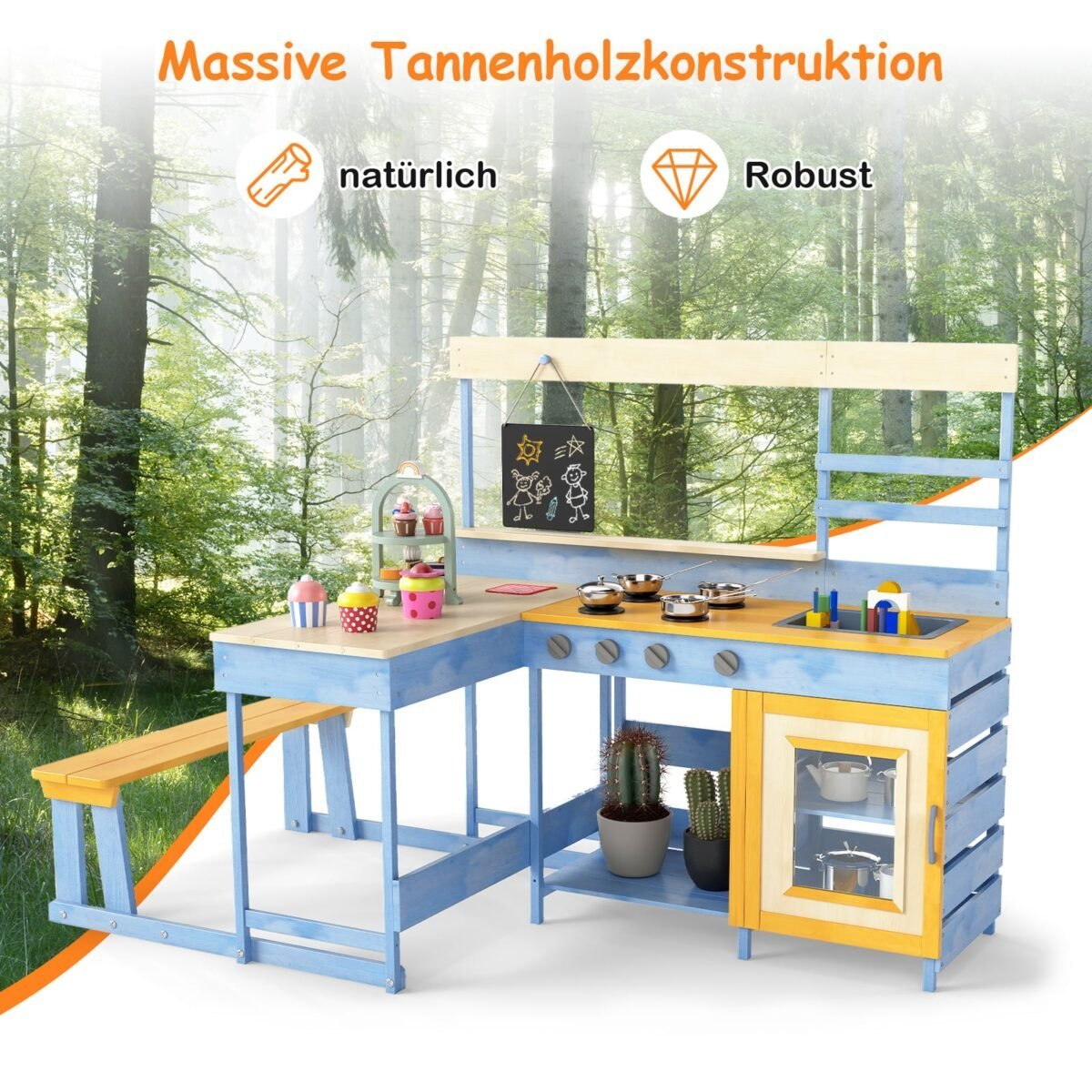 Eglės medienos lauko virtuvėlė su pikniko stalu ir suoliuku vaikams (Mėlyna) – Paveikslėlis 4