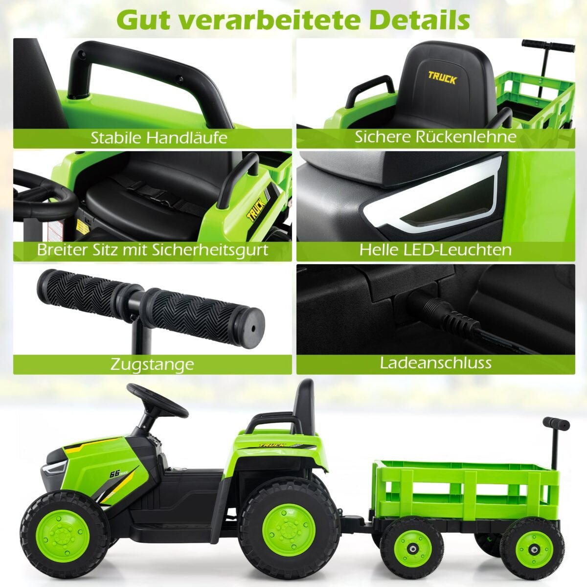 Elektrinis traktorius vaikams su nuimama priekaba ir nuotolinio valdymo pultu (Žalia)