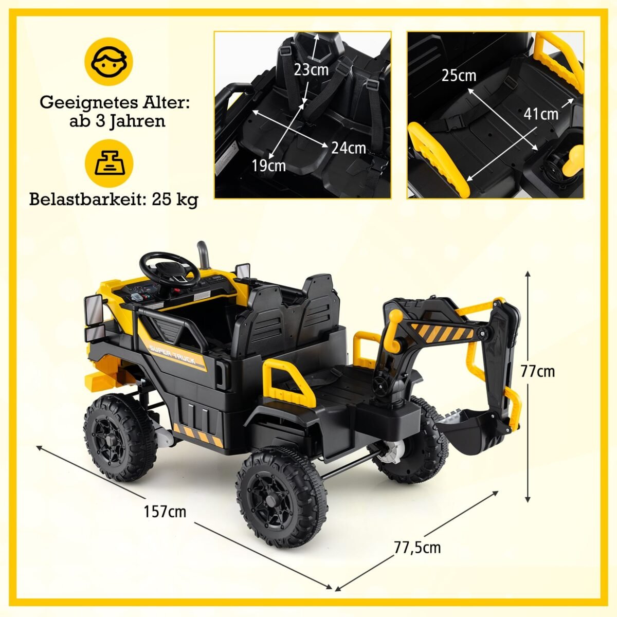 Elektrinis vaikų ekskavatorius-minikrautuvas su 4 varomaisiais ratais ir nuotoliniu valdymu tėvams (Geltona) – Paveikslėlis 2