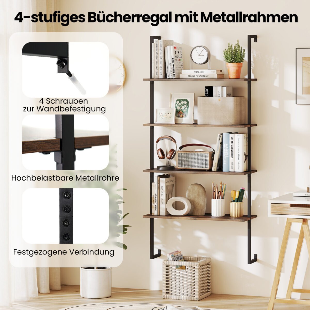 Industrinio stiliaus 4 aukštų sieninė lentyna su metaliniu rėmu (Ruda) – Paveikslėlis 3