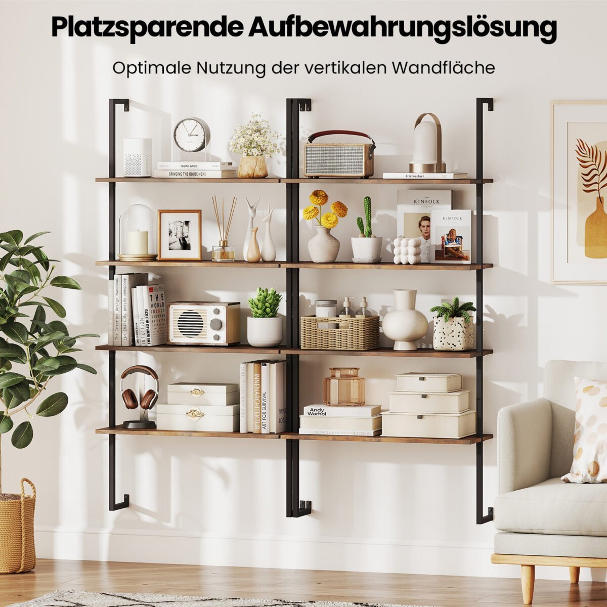 Industrinio stiliaus 4 aukštų sieninė lentyna su metaliniu rėmu (Ruda) – Paveikslėlis 4