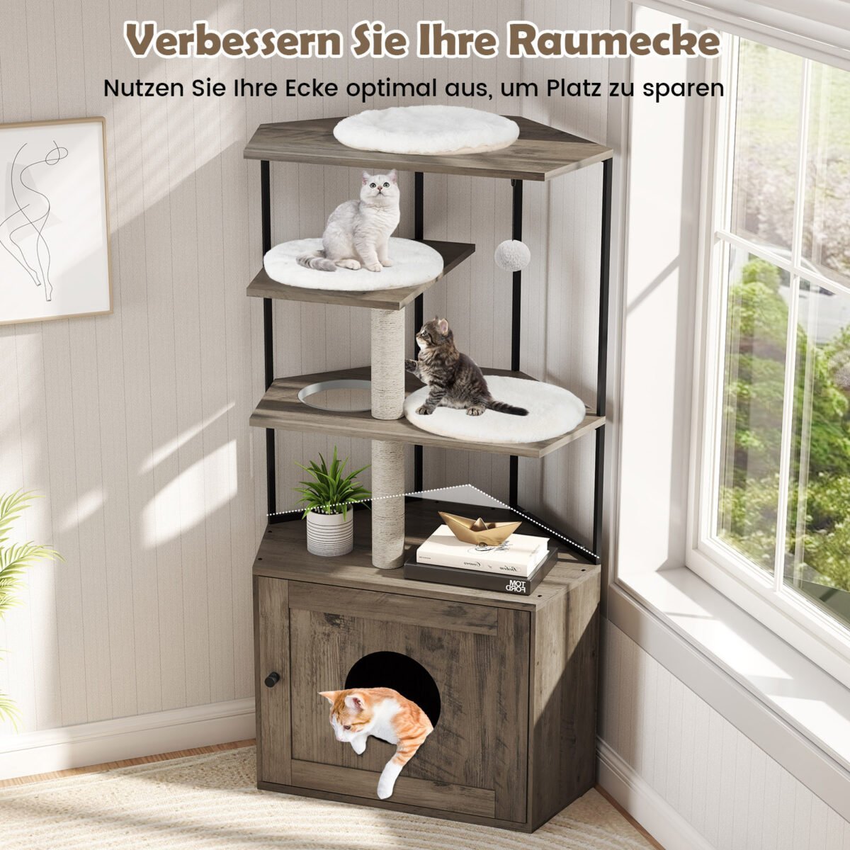 Kačių draskyklė su integruota tualeto spintele ir nameliu (Ruda) – Paveikslėlis 3