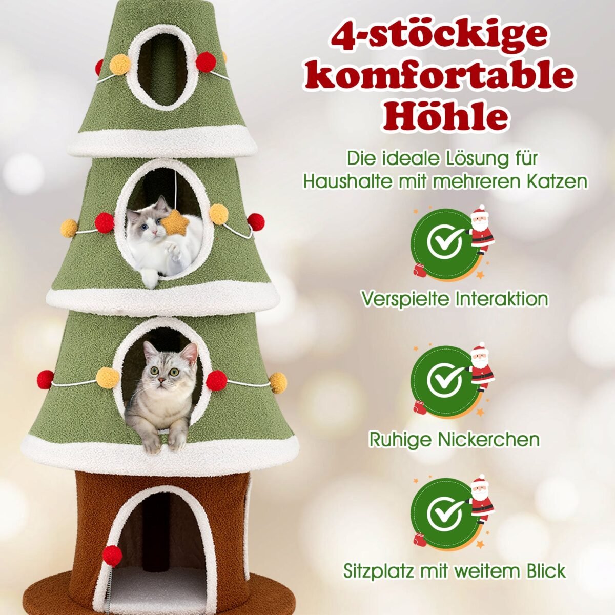 Kalėdinis draskymo stulpas katėms su 4 jaukiomis olomis (Žalia balta ir ruda) – Paveikslėlis 4