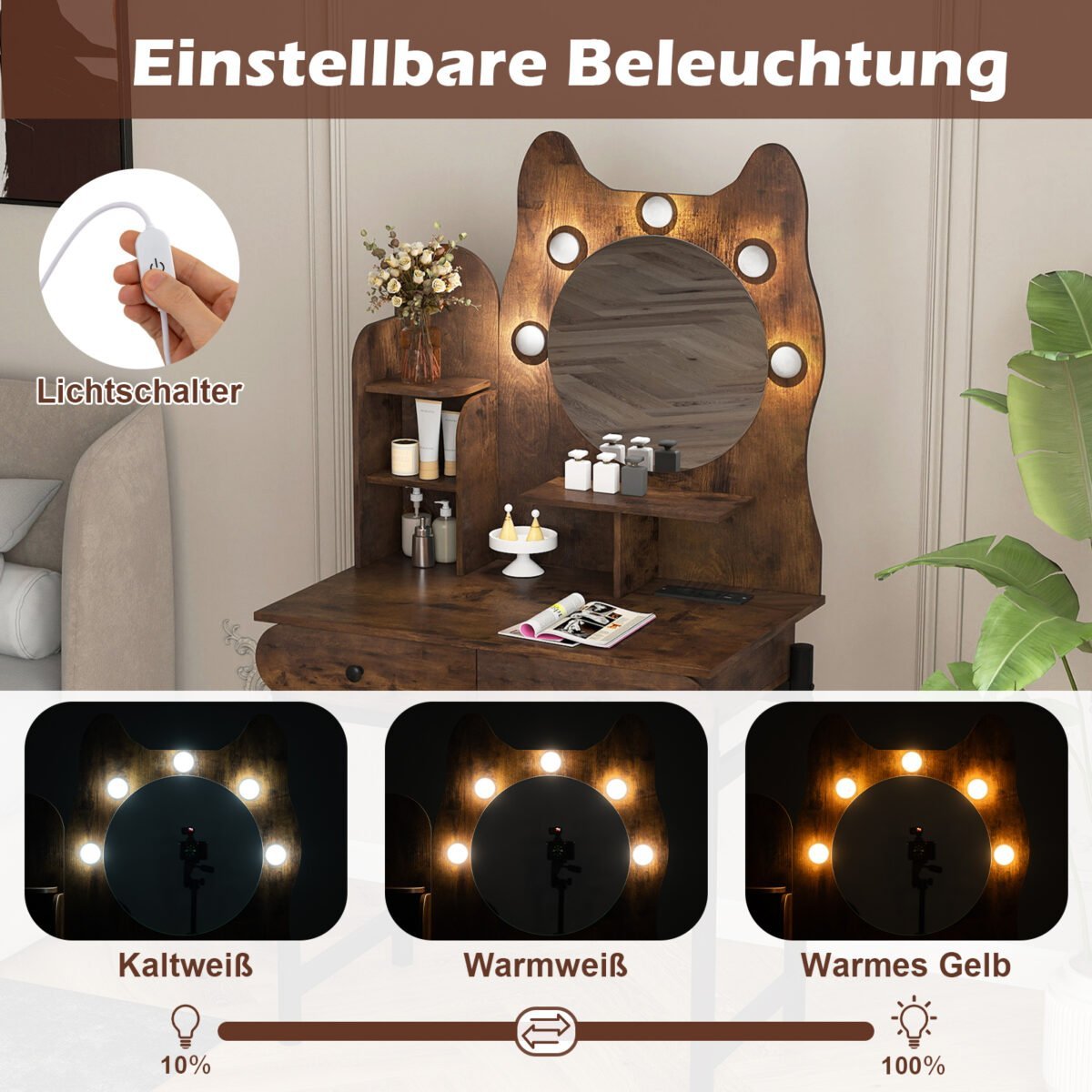 Katės formos makiažo staliukas su reguliuojamu LED apšvietimu ir stalčiais (Ruda) – Paveikslėlis 3