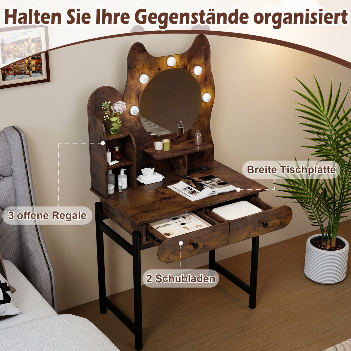 Katės formos makiažo staliukas su reguliuojamu LED apšvietimu ir stalčiais (Ruda) – Paveikslėlis 4