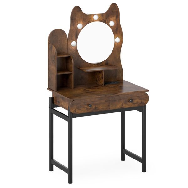 Katės formos makiažo staliukas su reguliuojamu LED apšvietimu ir stalčiais (Ruda)