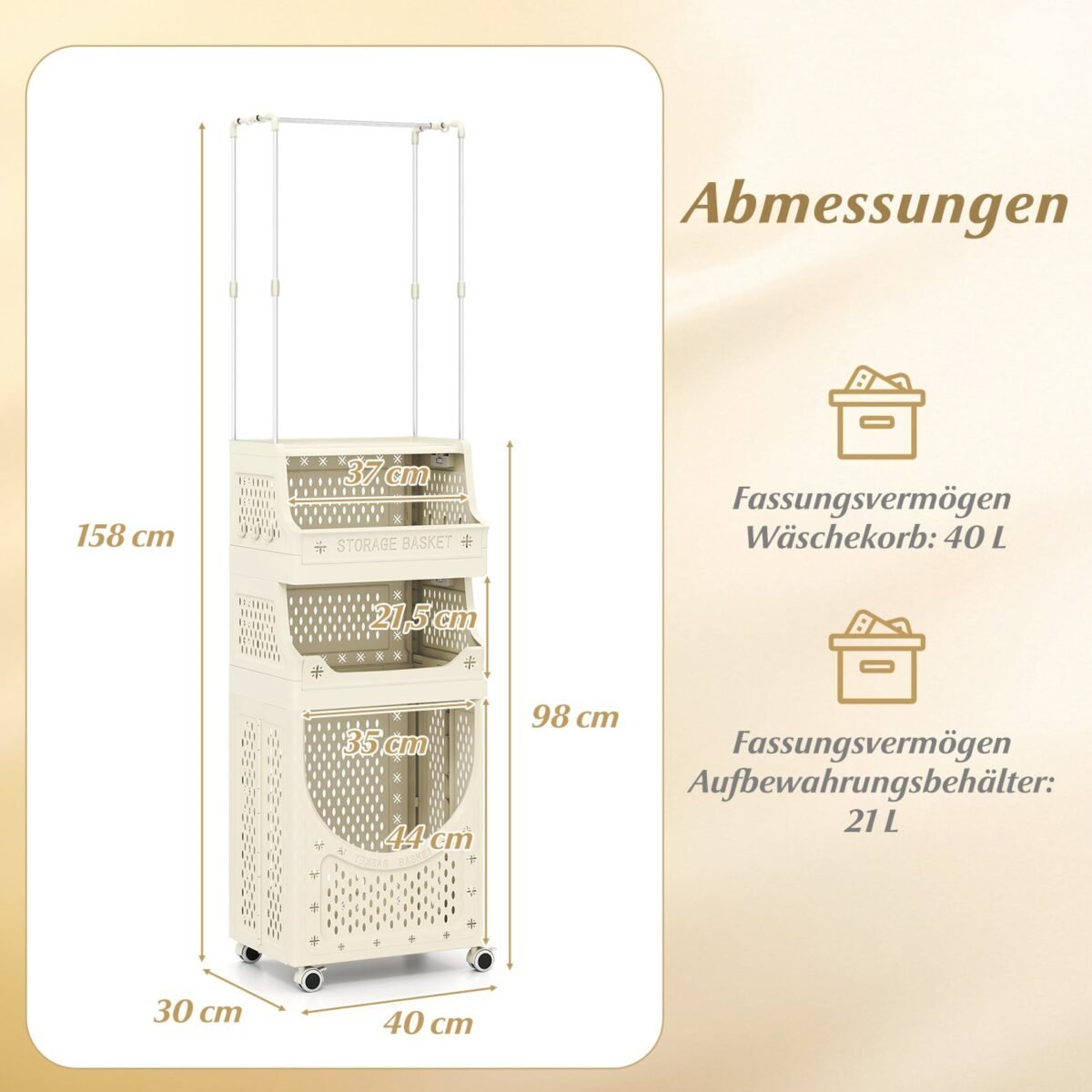 Keturių aukštų sulankstomas skalbinių vežimėlis su drabužių kabykla (Smėlio spalva) – Paveikslėlis 2