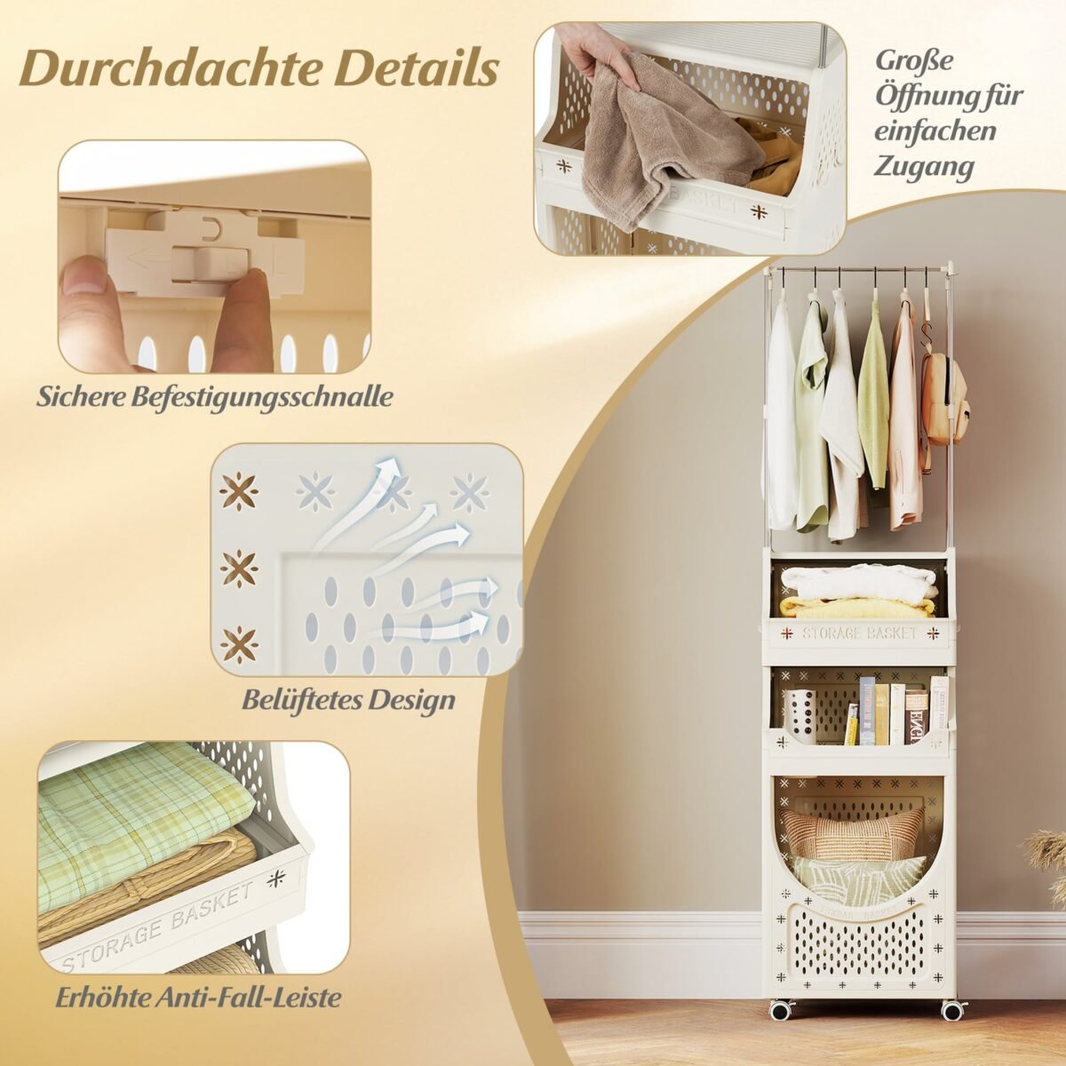 Keturių aukštų sulankstomas skalbinių vežimėlis su drabužių kabykla (Smėlio spalva) – Paveikslėlis 3