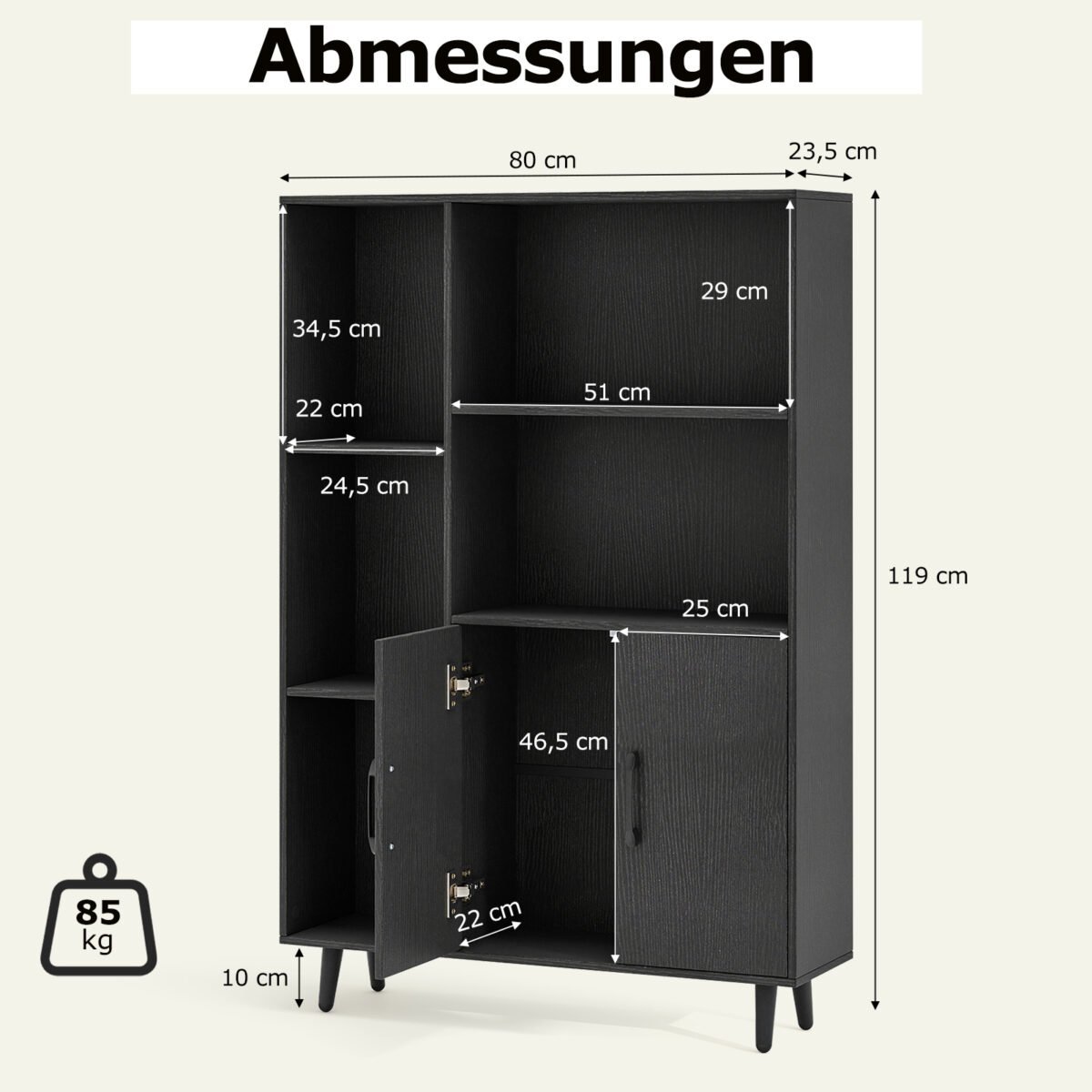 Knygų lentyna su atviromis lentynomis ir uždaroma spintele (Juoda) – Paveikslėlis 2