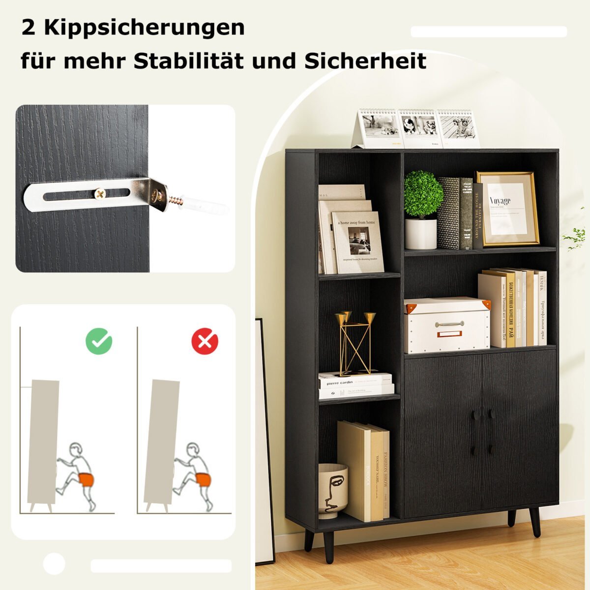 Knygų lentyna su atviromis lentynomis ir uždaroma spintele (Juoda) – Paveikslėlis 4