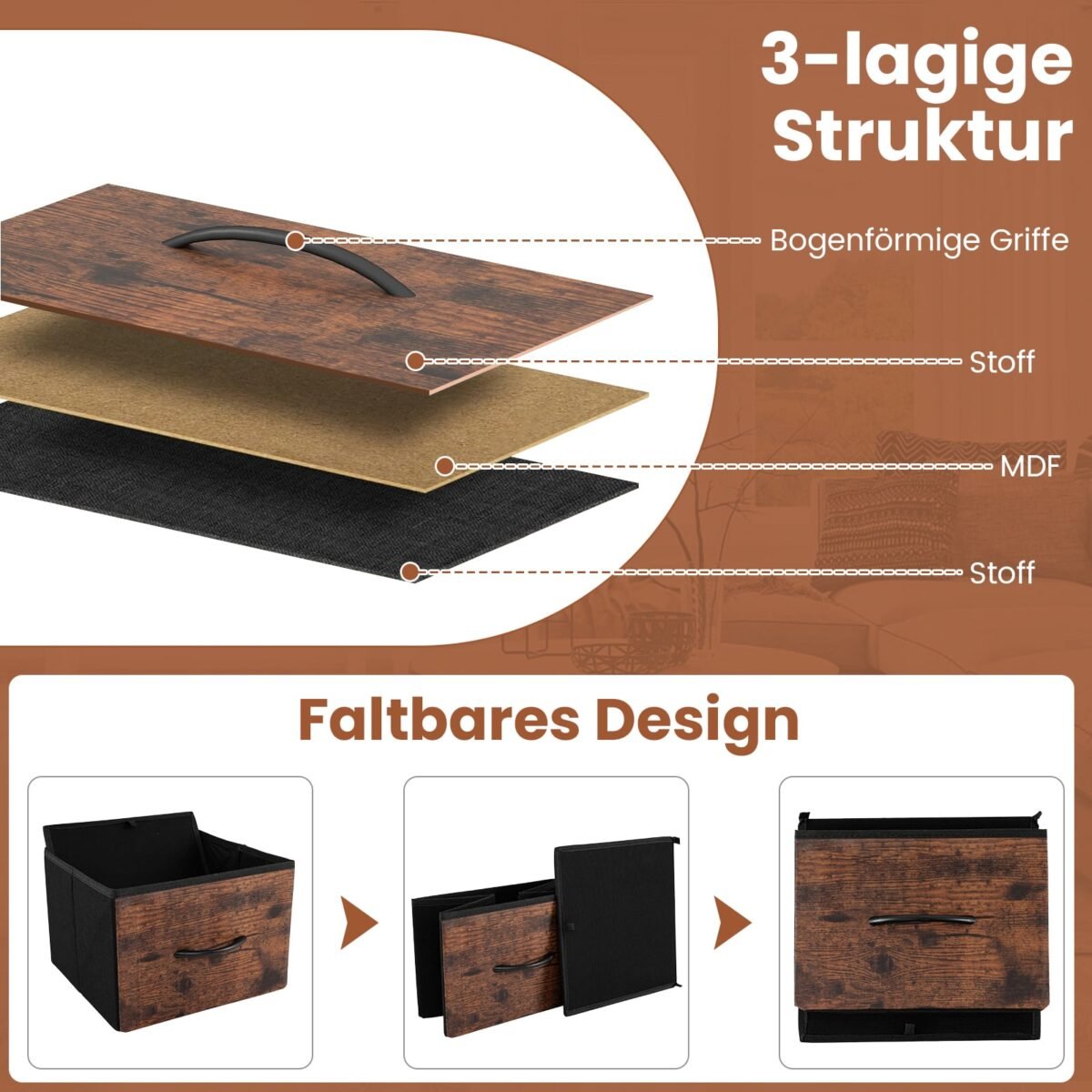 Komoda su 2 atviromis lentynomis ir 5 medžiaginiais stalčiais (Rustikinė ruda) – Paveikslėlis 3