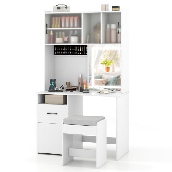 Kosmetinis staliukas su LED apšvietimu ir elektros lizdais (Balta)