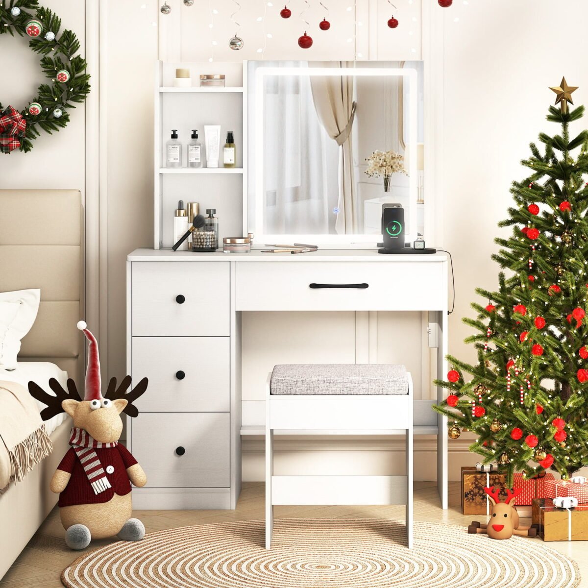Kosmetinis staliukas su LED stumdomu veidrodžiu ir įkrovimo stotele (Balta)