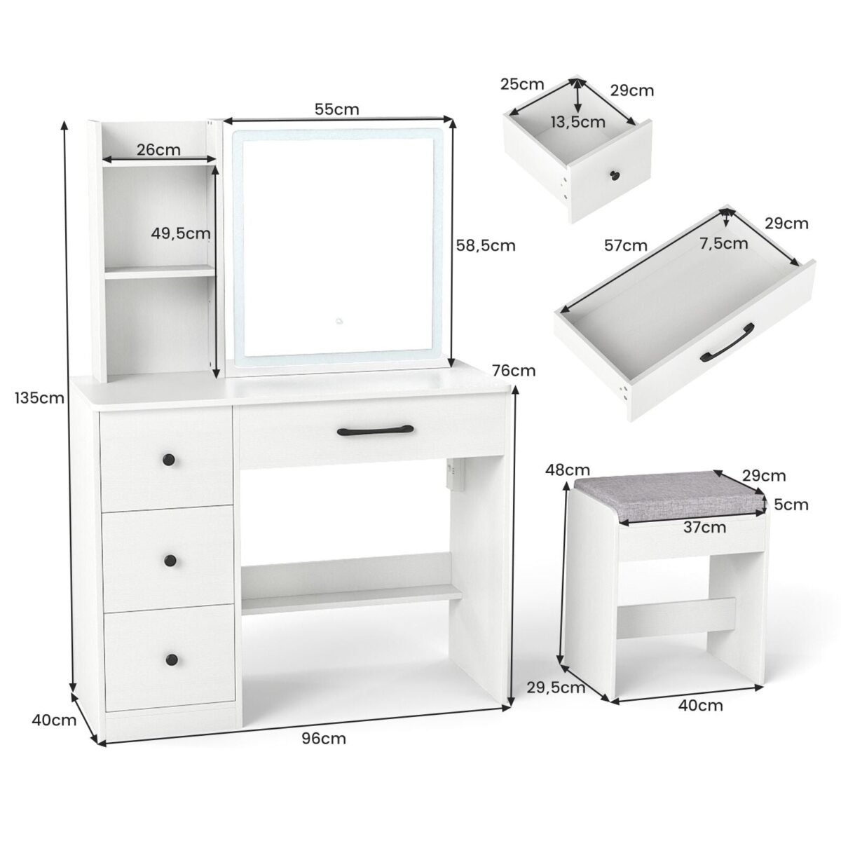 Kosmetinis staliukas su LED stumdomu veidrodžiu ir įkrovimo stotele (Balta)