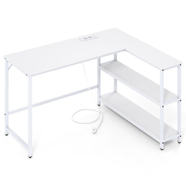L formos kampinis rašomasis stalas su įkrovimo stotele (Balta)