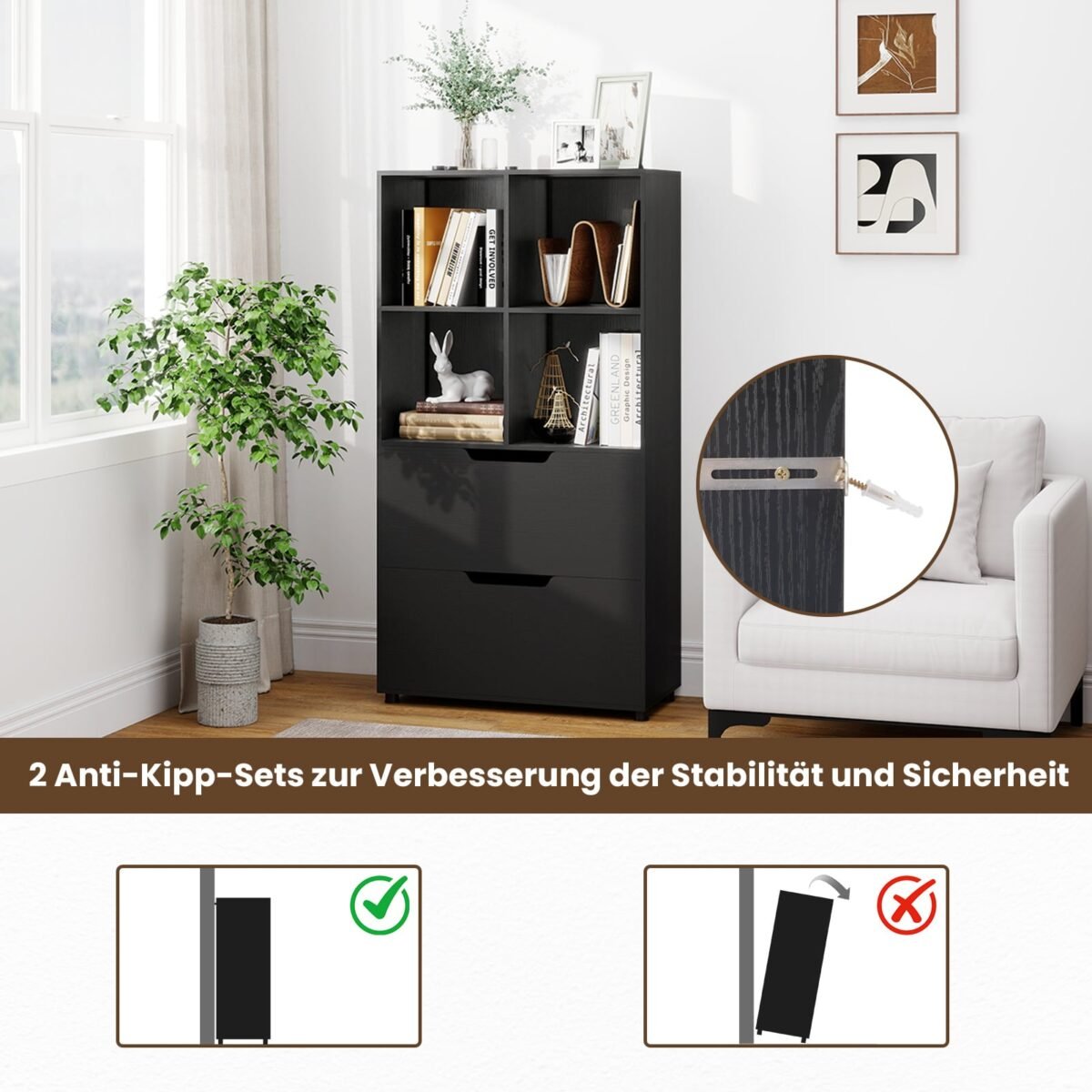 Laisvai pastatoma knygų lentyna su 4 kubeliais ir 2 stalčiais (Juoda) – Paveikslėlis 2