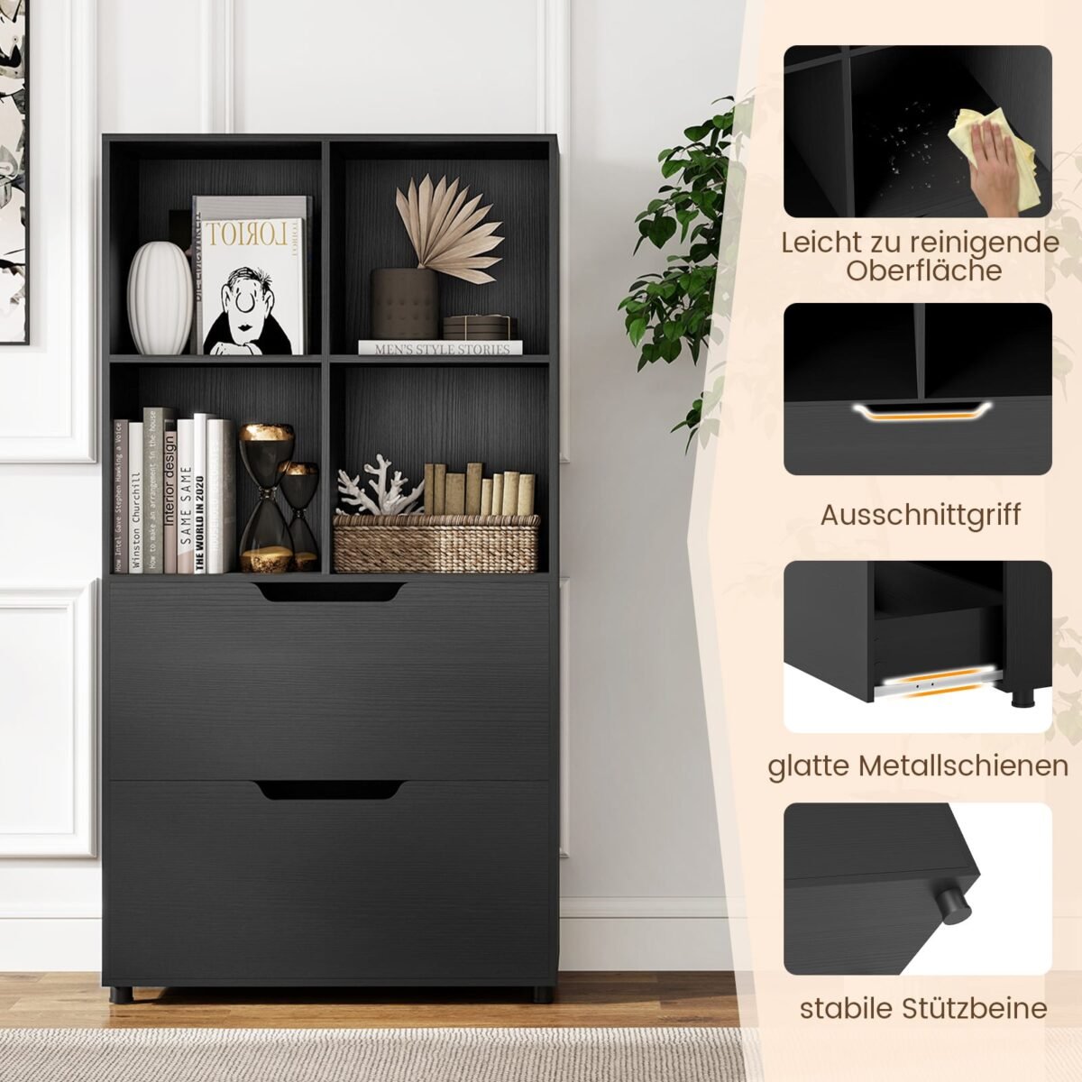 Laisvai pastatoma knygų lentyna su 4 kubeliais ir 2 stalčiais (Juoda) – Paveikslėlis 4